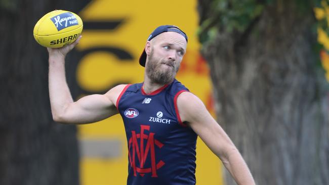 Max Gawn at Melbourne training head of the Friday night clash with the Bombers. Picture: Alex Coppel. 