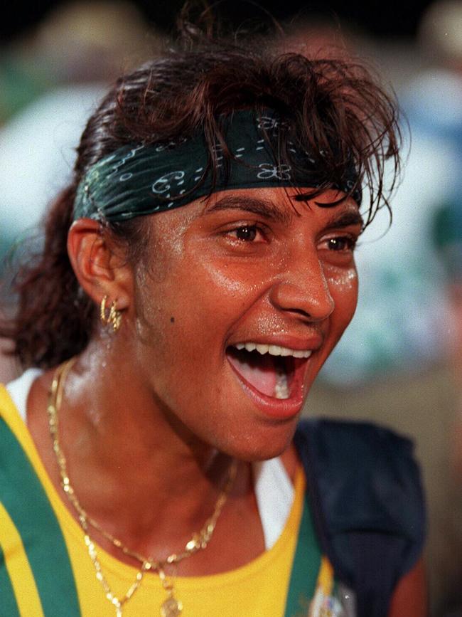 Dual sport star Nova Peris after becoming Australia's first Aboriginal Olympic gold medal winner at Atlanta in 1996. Picture: Brett Faulkner