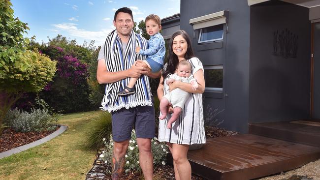 Melissa and Shane McAinsh, and their two sons Tom, 2, and Patrick, 3 months, at their Rosebud house. Story on Melbourne's best performing beachside housing markets. Picture: Nicki Connolly