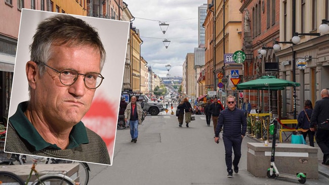 State epidemiologist Anders Tegnell of the Swedish Public Health Agency (inset) and the unlocked down streets of Stockholm.