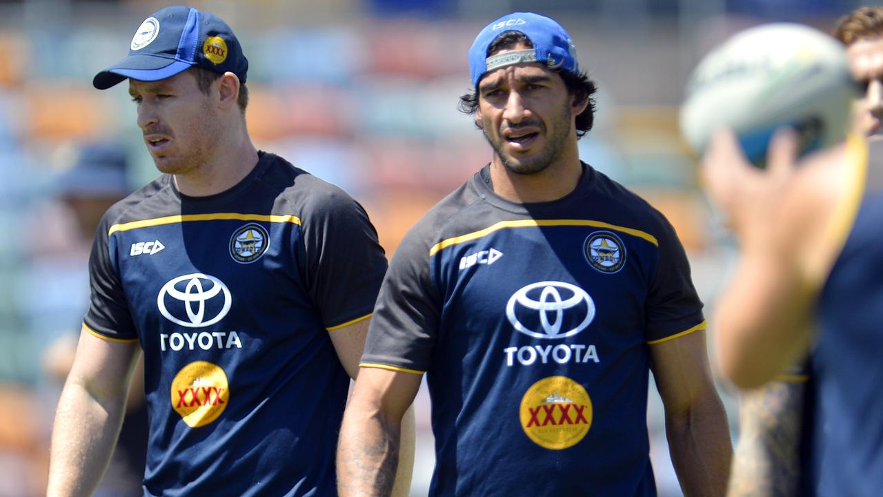 Cowboy's Johnathan Thurston and Michael Morgan training at 1300 Smiles Stadium, ahead of the preliminary finals against the Brisbane Bronco's. Picture: Wesley Monts