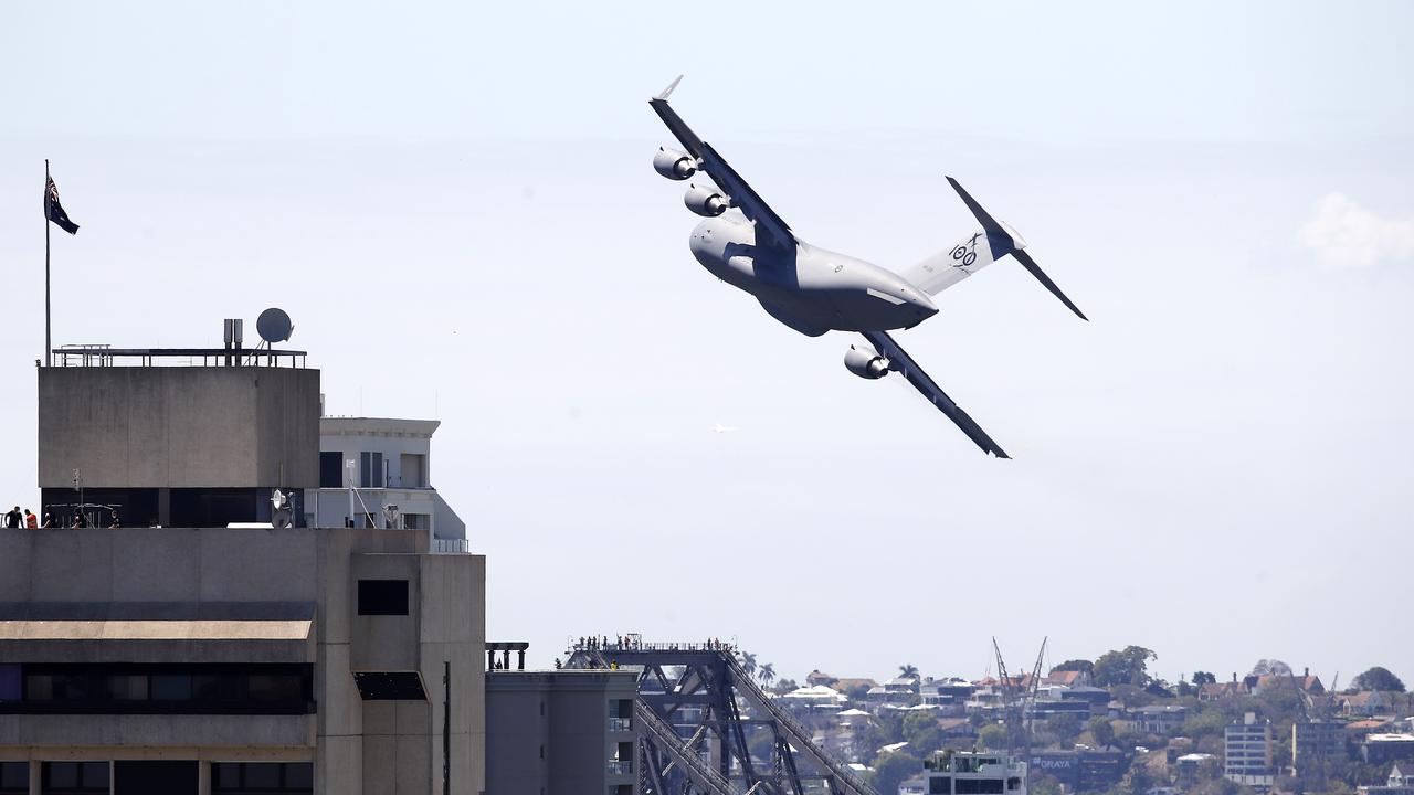 RAAF C-17 Globemaster pictured flying over Brisbane (from the Emporium Hotel) in preparation for its Riverfire Festival display this Saturday. (Image/Josh Woning)