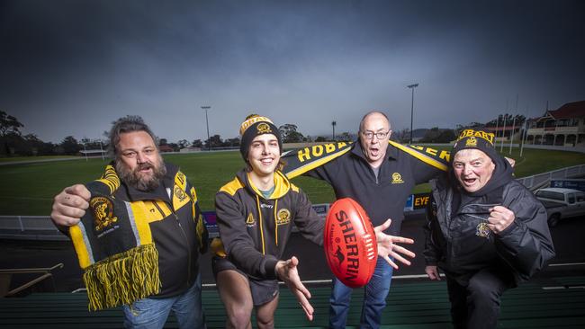 (L-R) Hobart Tigers Football Club president Callam Upchurch, player Mark Cripps and members Paul Munting and Robert Upchurch excited that 500 fans will be able to attend their 2020 season starting in late July. Picture: LUKE BOWDEN