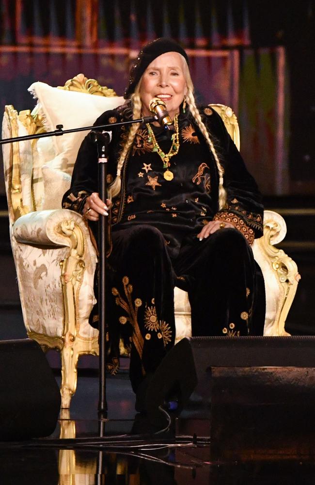 Canadian-US singer-songwriter Joni Mitchell performs on stage during the 66th Annual Grammys, where she also received an award for Best Folk Album. Picture: AFP