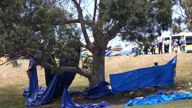 Privacy screens set up by police after the tragedy at Hillcrest Primary School in Devonport on December 16, 2021. Picture: ABC News