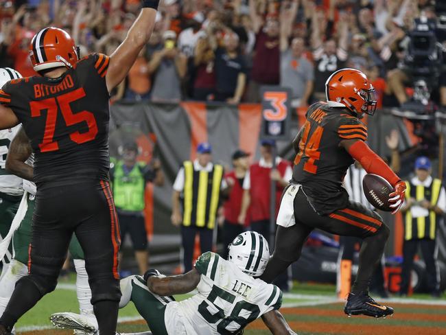 Cleveland Browns running back Carlos Hyde (34) rushes for the match-winning 1-yard touchdown. Picture: AP