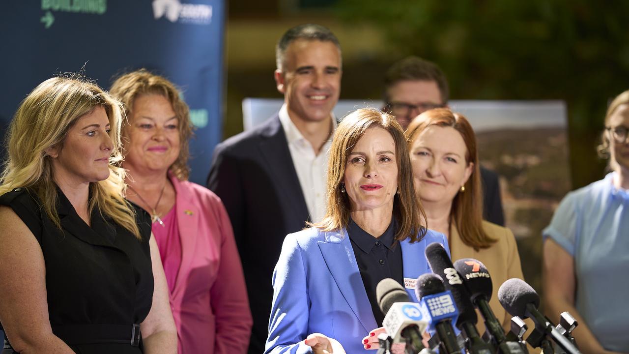 Labor candidate for Dunstan, Cressida O'Hanlon talking to the media at Flinders Medical Centre in Bedford Park on Sunday, which is outside her electorate. Picture: Matt Loxton