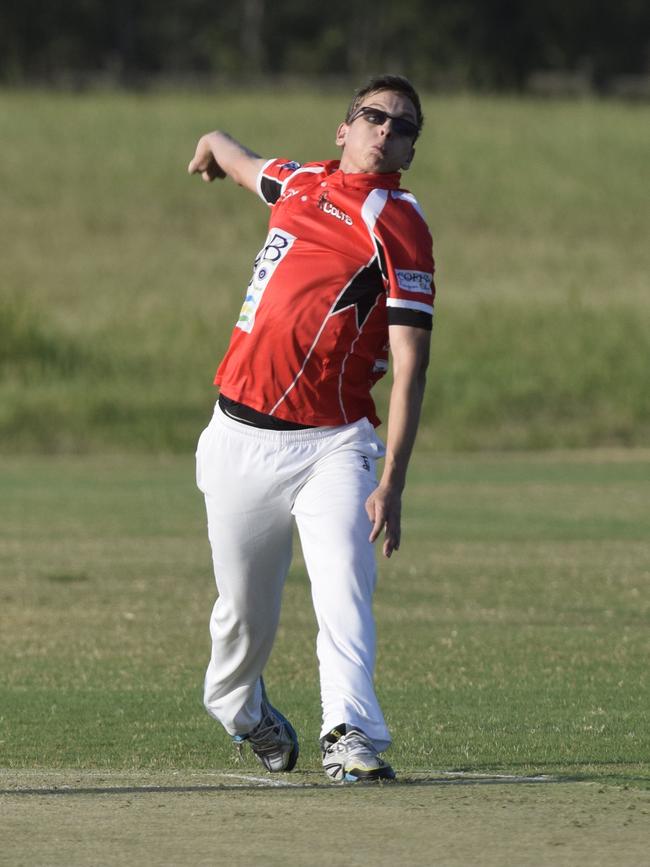 Coffs Colts bowler Aiden Statham sends down a delivery during the CHDCA Twenty20 final against Sawtell in 2018. Picture: Brad Greenshields/Coffs Coast Advocate