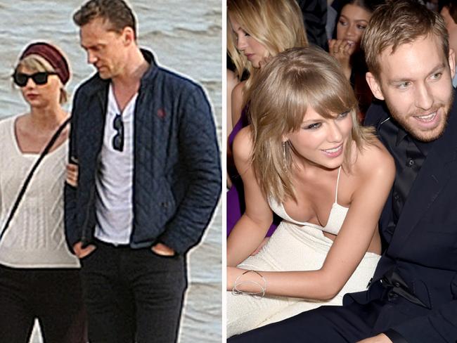 Taylor Swift and new boyfriend, Tom Hiddleston, and right with ex Calvin Harris.  Picture:  Splash