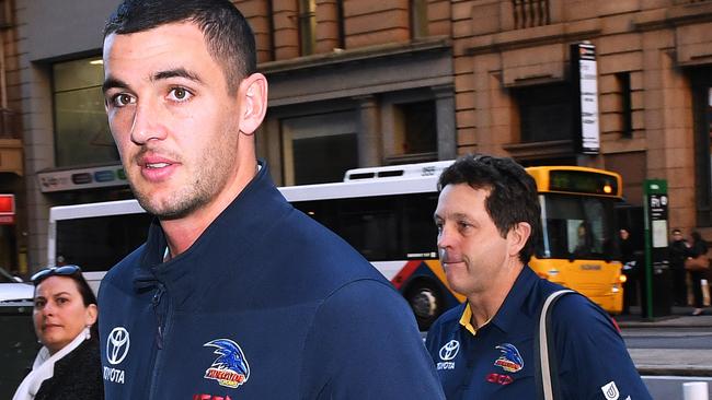 Adelaide Crows captain Taylor Walker arrives for a video link tribunal hearing on a striking charge, at Grenfell Centre in Adelaide. Picture: Mark Brake