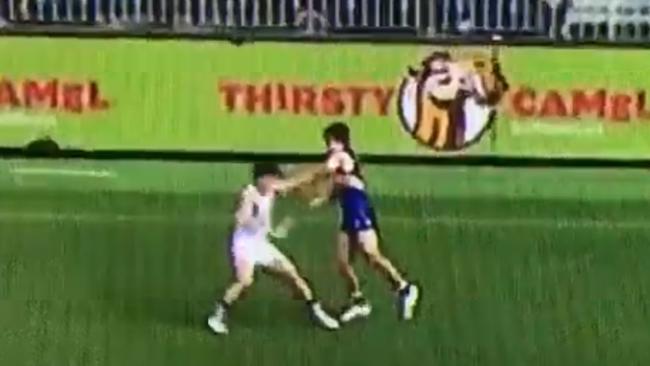 A still showing Andrew Gaff, right, throwing a punch at Andrew Brayshaw.