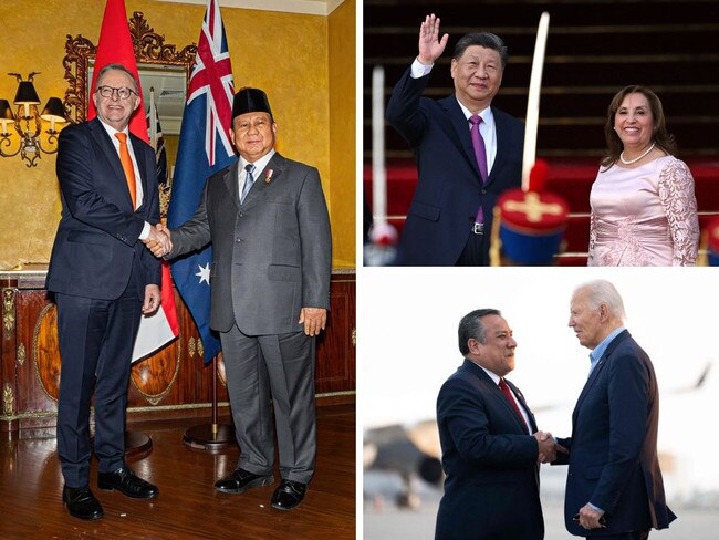 Prime Minister Anthony Albanese and Indonesian President Prabowo Subianto; China's President Xi Jinping and Peru's President Dina Boluarte; US President Joe Biden with Peru Prime Minister Gustavo Adrianzen