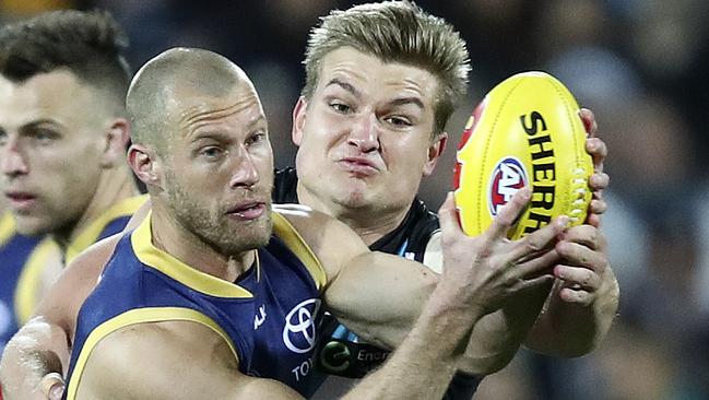 AFL - Showdown 41 - Port Adelaide v Adelaide Crows at Adelaide Oval. Scott Thompson and Ollie WInes. Picture Sarah Reed