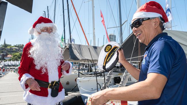 Santa visits the Sydney Hobart fleet. Picture: NCA NewsWire / Flavio Brancaleone