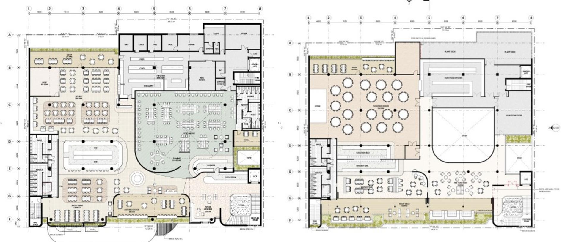 Craven Town Planning lodged a development application for a new Bundaberg Services Club with floor plans for level one (left) and level two revealed.