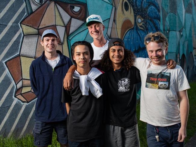 The young men are in a better place three years on from the death of two close mates. Back (L-R) are: Jacob Coster (21) and Sam Lock (21). Front (L-R) Nick Llamas (20) Johan Fetlaar (22) Josh Banning (23) Pictures by Julian Andrews.