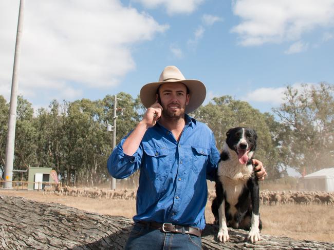 Supplied pic of man with his dog on his mobile phone in regional area. Supplied by Telstra.