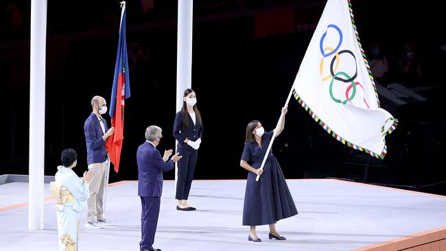 Mayor of Paris, Anne Hidalgo receives the Olympic flag from President of the International Olympic Committee, Thomas Bach during the Closing Ceremony, Picture: Getty Images