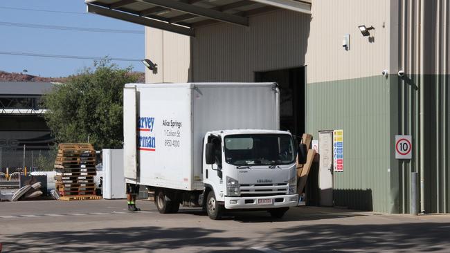 The Alice Springs Harvey Norman warehouse was back operational Wednesday, a day after a worker was critically injured when a heavy item struck him on the head. Picture: Gera Kazakov