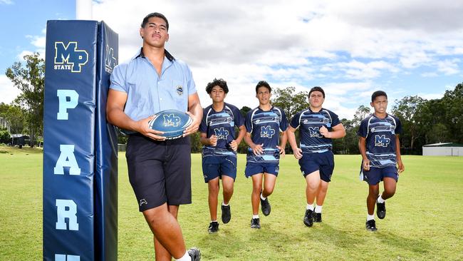 Alex Leapai, Jordan Tuuga-Stevenson, Riley Baker, Benji Quinlan and Daniel Ratuere from Mabel Park State High School. Picture, John Gass