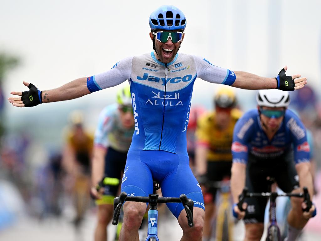 Michael Matthews of Australia and Team Jayco AlUla celebrates at the finish line as stage three winner in the Giro d'Italia. Picture: Stuart Franklin/Getty Images