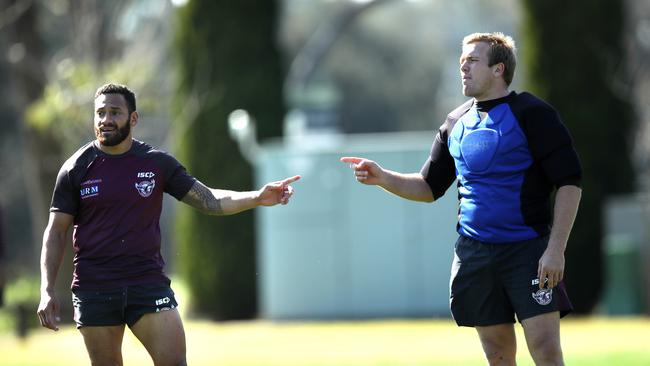 Apisai Koroisau, pictured with Jake Trbojevic at a Sea Eagles training session, was unwanted by Manly. Picture. Phil Hillyard