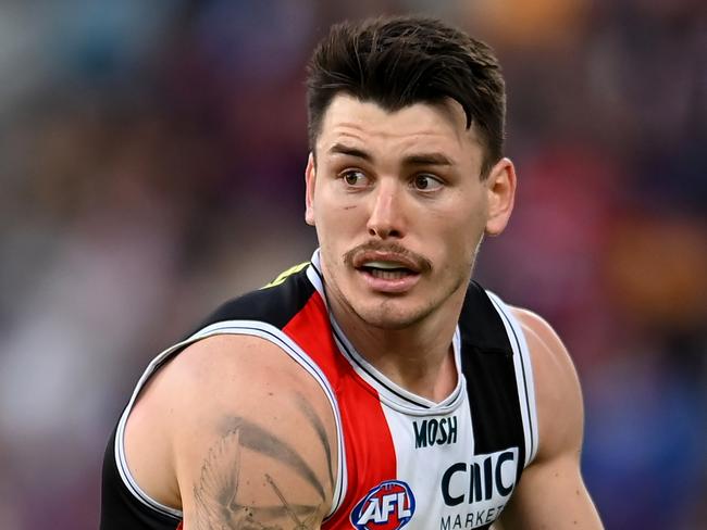 BRISBANE, AUSTRALIA - AUGUST 26: Josh Battle of the Saints in action during the round 24 AFL match between the Brisbane Lions and St Kilda Saints at The Gabba, on August 26, 2023, in Brisbane, Australia. (Photo by Albert Perez/AFL Photos via Getty Images)