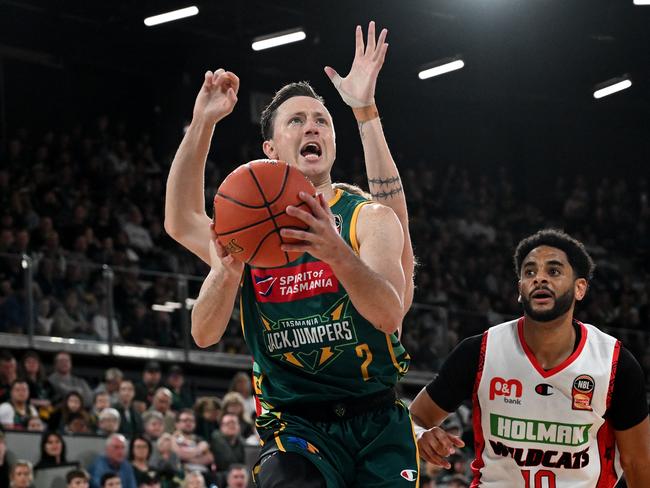 Josh Magette, of the Tasmania JackJumpers, drives to the basket during an NBL match at MyState Bank Arena. Picture: Steve Bell/Getty Images