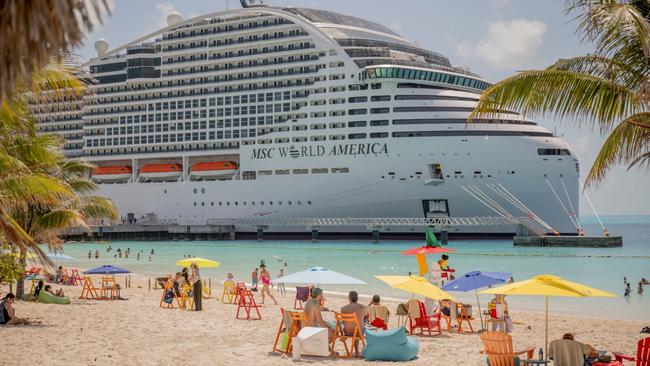 New cruise ship MSC World America at Ocean Cay in the Bahamas.