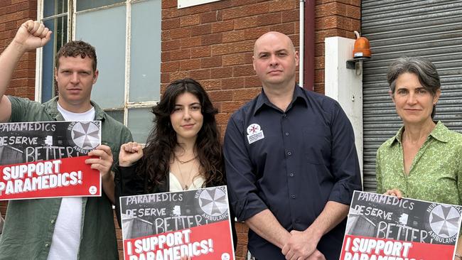 (L-R): Councillor Dylan Griffiths, Summer Hill Greens candidate Izabella Antoniou, APA delegate Brett Simpson, and Councillor Justine Langford protesting outside Marrickville Ambulance Station.