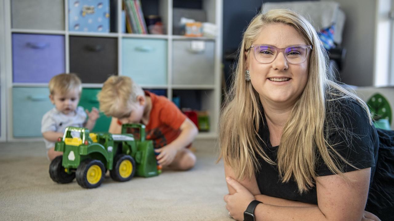 Ash Webb lives with Endometriosis, pictured with sons Spencer (left) and Fletcher. Picture: Nev Madsen.