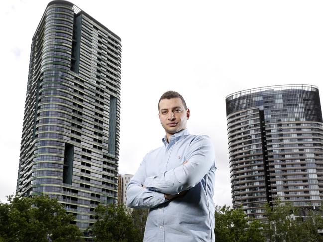 Shady Eskander is the chairman of the body corporate of the Opal Tower at Sydney Olympic Park. Pictured in front of the tower, Shady said he had no idea that the certifiers had done this cosy deal with the Building Profesionals Board to downgrade their punishment. Picture: Jonathan Ng