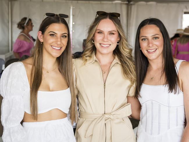 At the Clifton Races are (from left) Melissa Innamorati, Ashlee Brindell and Lauren Berndt, Saturday, October 28, 2023. Picture: Kevin Farmer