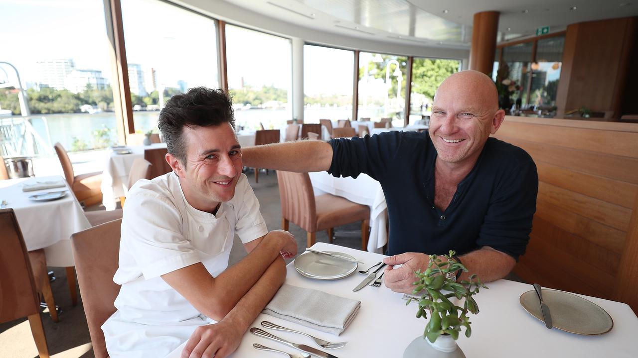 Matt Moran (right) and chef Ben Russell at Aria. Picture: Peter Wallis