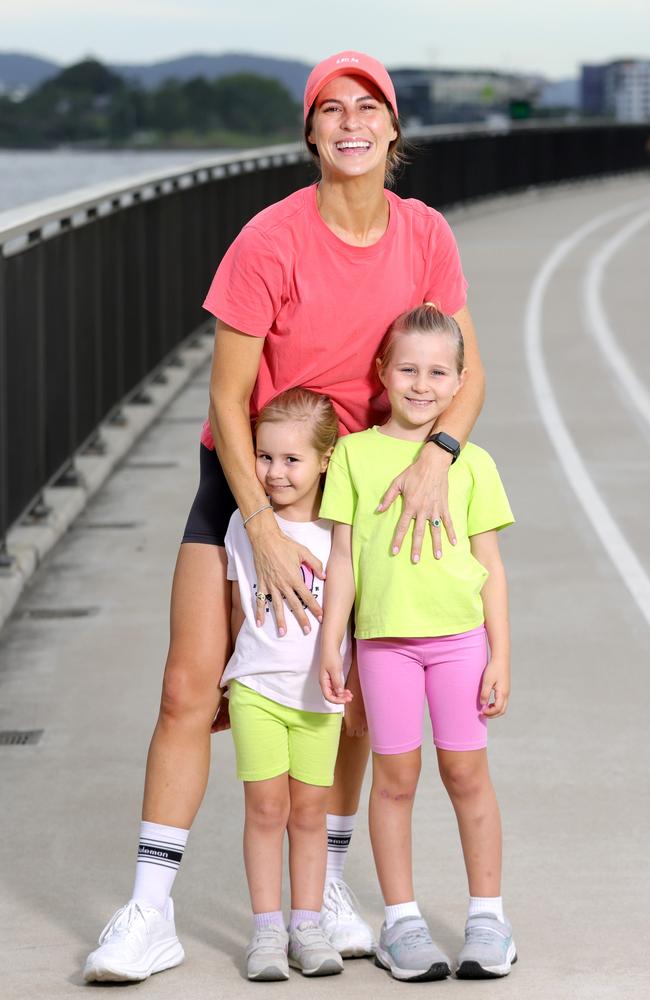 Mum Run founder Tilli Conias with her kids Marlow, 4, and Norah, 6. Picture: Steve Pohlner