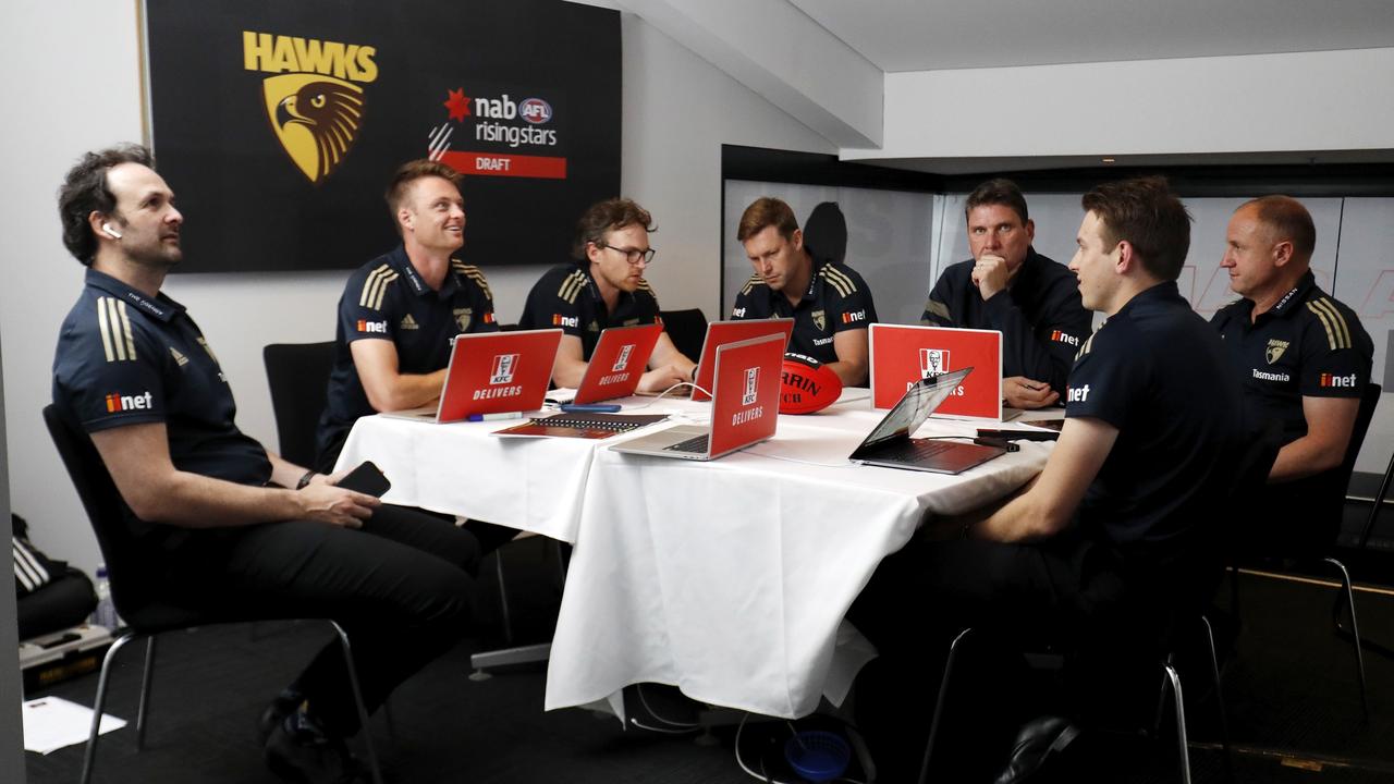 MELBOURNE, AUSTRALIA - NOVEMBER 24: Hawthorn recruiting staff are seen during the NAB AFL Draft at Marvel Stadium on November 24, 2021 in Melbourne, Australia. (Photo by Dylan Burns/AFL Photos via Getty Images)