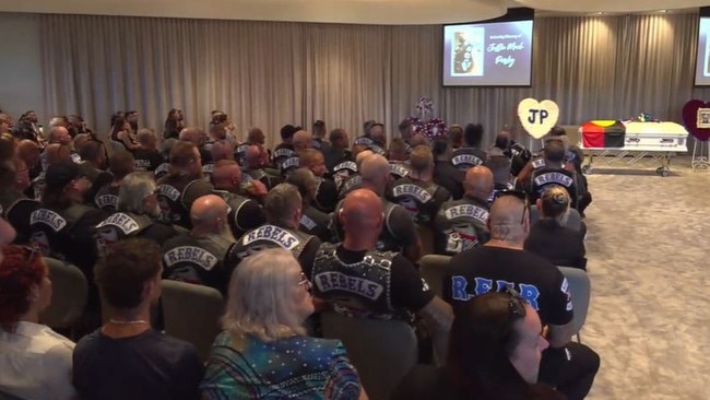 Life member of the Rebels Motorcycle Club outlaw bikie gang and the son of a late national Aboriginal icon, Justin Mark Peisley. Picture: Screengrabs from Peter Elberg Funerals