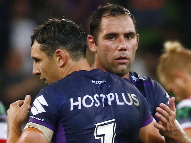 NRL Round 1 - Melbourne Storm v St George Dragons at AAMI Park, Billy Slater and Cameron Smith embrace after the siren sounds. 7th March 2016 Picture: Colleen Petch.