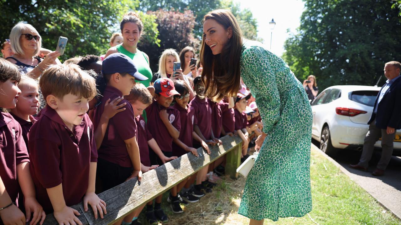 Kate greets schoolchildren outside Riversley Park Children's Centre. Picture: Getty Images.