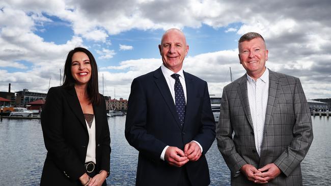 L-R Minister for Sport Jane Howlett, Premier Peter Gutwein and Cricket Tasmania Chairman Andrew Gaggin. Picture: NIKKI DAVIS-JONES