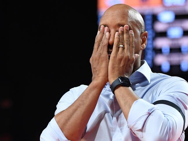 CAIRNS, AUSTRALIA - DECEMBER 18: Adelaide 36ers head coach C.J. Bruton reacts during the round three NBL match between the Cairns Taipans and Adelaide 36ers at Cairns Convention Centre on December 18, 2021, in Cairns, Australia. (Photo by Albert Perez/Getty Images)