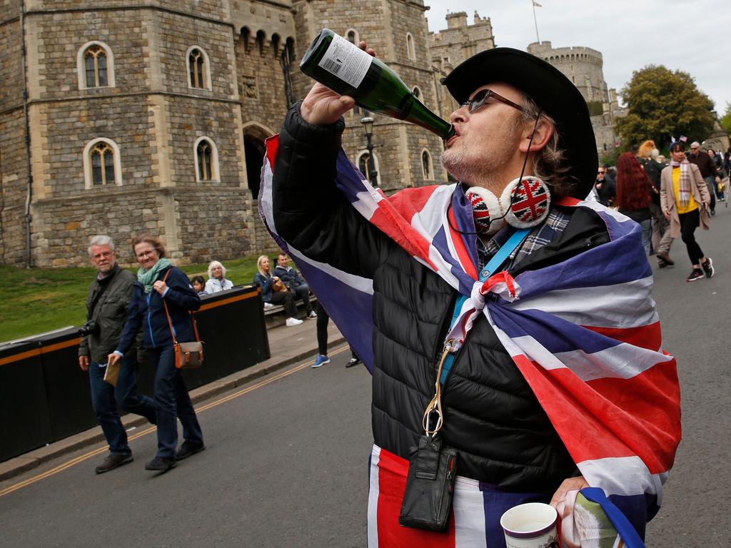 Royal fan Skye London celebrates the birth of Prince Harry's son, outside Windsor Castle. Picture: AFP