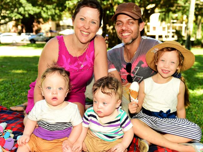 Mother's Day at Anzac Park; Tara and Gavin Runde with 1yo twins Vincent and Reuben, and Amelie 5