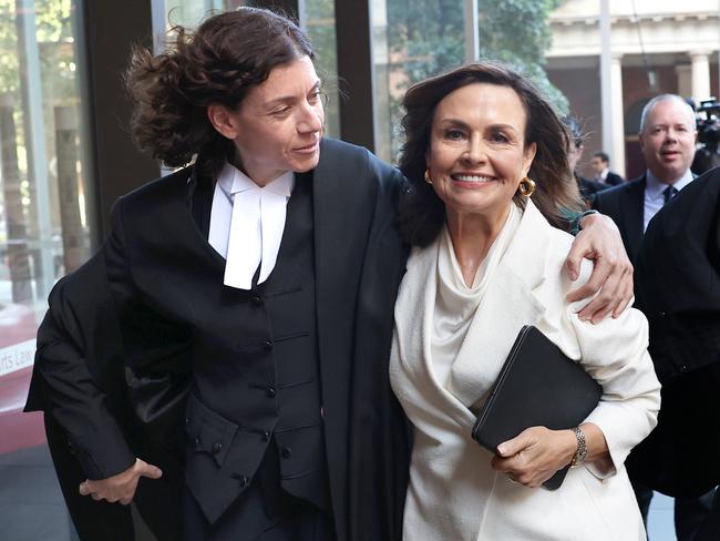 Defamation barrister Sue Chrysanthou hugs Lisa Wilkinson. Picture: Don Arnold