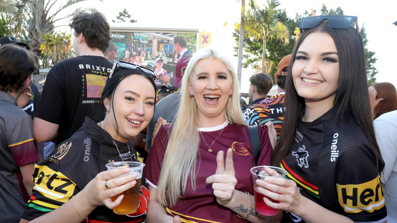 L to R, Kimberley Whatman, Sharnie Seers, Brooke Campbell from the Gold Coast, at the Caxton Hotel Caxton Street, Grand Final Live Site, on Sunday 1st October 2023 - Photo Steve Pohlner