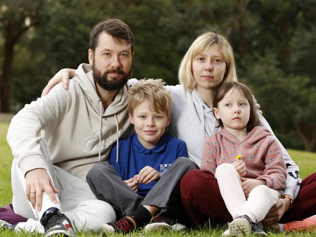 Inna Seledkova with her husband Danyl Seledkov and their children son, Illia Seledkov, 7, and daughter Emilia Seledkova, 4, at Strathfield Park. Picture: Jonathan Ng