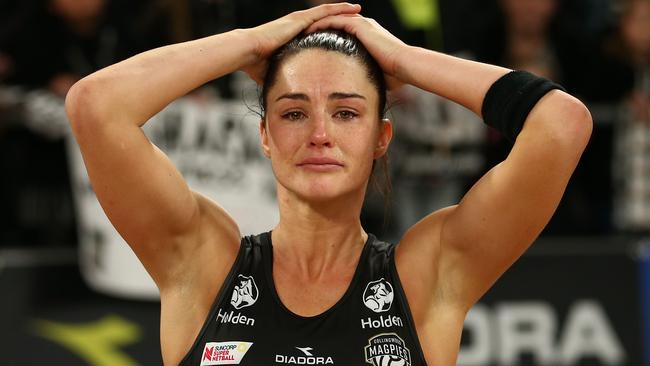 MELBOURNE, AUSTRALIA - JULY 29:  Sharni Layton of the Magpies reacts after she played her final home game after the round 13 Super Rugby match between the Magpies and the Giants at Hisense Arena on July 29, 2018 in Melbourne, Australia.  (Photo by Scott Barbour/Getty Images)