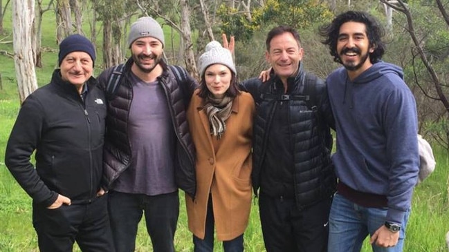 Dev Patel, far right, with Tilda Cobham Hervey, middle, and other members of the Hotel Mumbai cast and crew, including Anupam Kher, director Anthony Maras and Jason Isaac, in Adelaide.