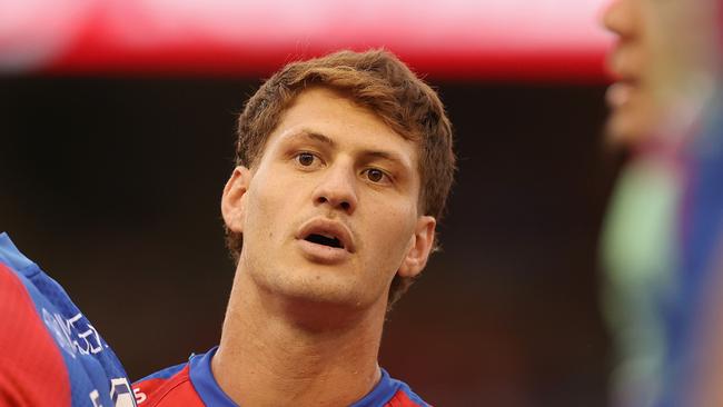 NEWCASTLE, AUSTRALIA – FEBRUARY 21: Kalyn Ponga of the Knights warms up during the NRL Trial match between the Canterbury Bulldogs and the Newcastle Knights at McDonald Jones Stadium on February 21, 2022 in Newcastle, Australia. (Photo by Ashley Feder/Getty Images)