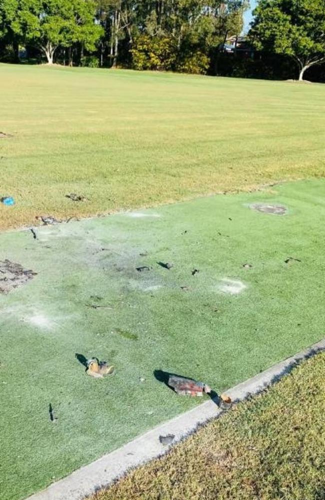 The cricket pitch was ripped up by trail bike riders doing burnouts. Picture: Judith Kerr